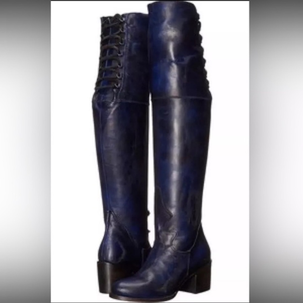 Freebird by Steven 100% Genuine Leather ‘Rolls’ Blue Over the Knee Lace Up Boots - Picture 3 of 11